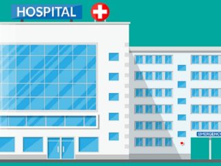 Hospital building, medical icon. Healthcare, hospital and medical diagnostics. Urgency and emergency services. Vector illustration in flat style